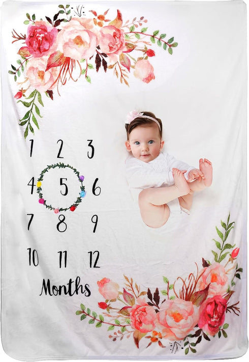 Baby Monthly Milestone Blanket, Soft Floral Memory Blanket, Newborn Growth Chart, 51x40In