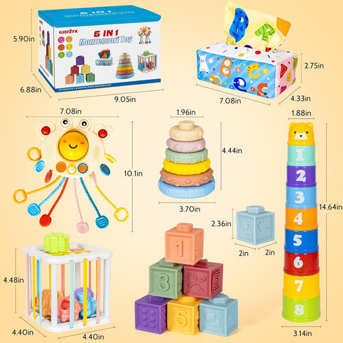 6 in 1 Montessori Toys for Babies 6–12 Months, Stacking Block Soft Infant Ring Shape Learning Toy