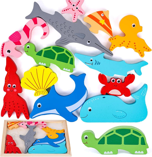 LovesTown 12PCS Wooden Stacking Puzzles, Educational Sea Animal Chunky Jigsaw Puzzles for Kids