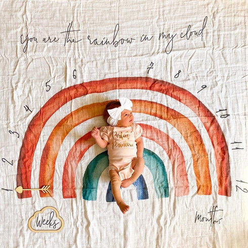 100% Organic Cotton Muslin Monthly Baby Milestone Blanket with Wooden Hello World Newborn Sign, Rainbow Photography