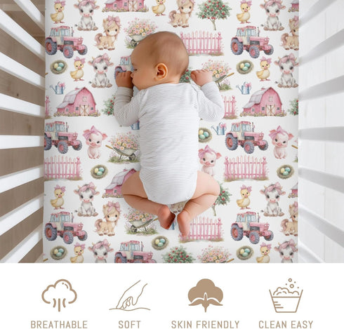Selgkds 52''x28'' Pink Farm Animals Baby Crib Sheets for Girls Barn Pig Duck Cow Horse Bows Tractors Soft Snug Fitted