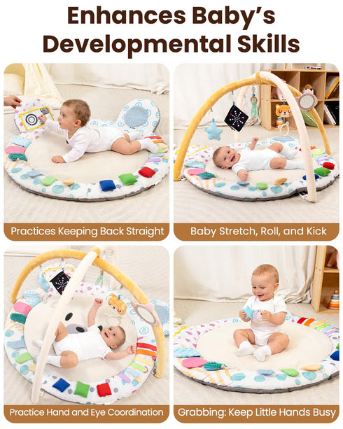 5 Tummy 5 Baby Play Gym, Thickened and Non Slip Activity Mat, Developmental Zones Time Mat with Detachable Sensory Toys
