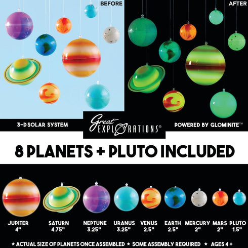 Great Explorations 3-D Solar System Glow In The Dark Ceiling Hanging Kit with 3D Planets and Star Stickers