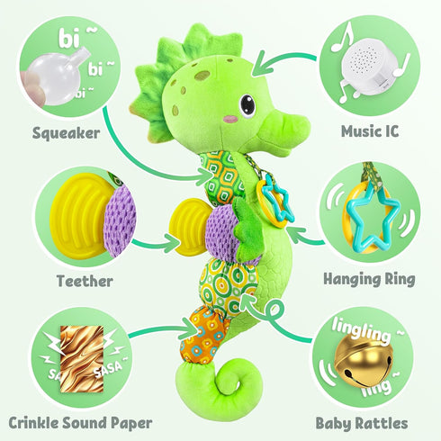 Baby Toys Musical Seahorse, Infant Stuffed Animal with Crinkle and Rattles, Soft Sensory Toys for Newborn Boys Girls