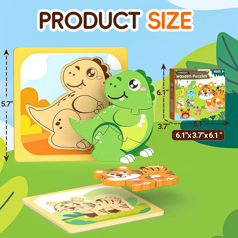 FunMission 8Pcs 3+ Puzzles, Animals Pegged Puzzles Toddler Toys, Brain Teaser Puzzles Montessori, Wooden Games
