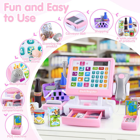3+ PLAY Kids Cash Register Toy - Pretend Play Calculator Register Toys with Microphone/Conveyors/Play