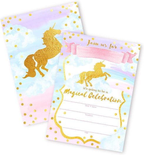 Magical Unicorn Invitations - 12 LARGE Invitations + 12 Envelopes, DOUBLE SIDED