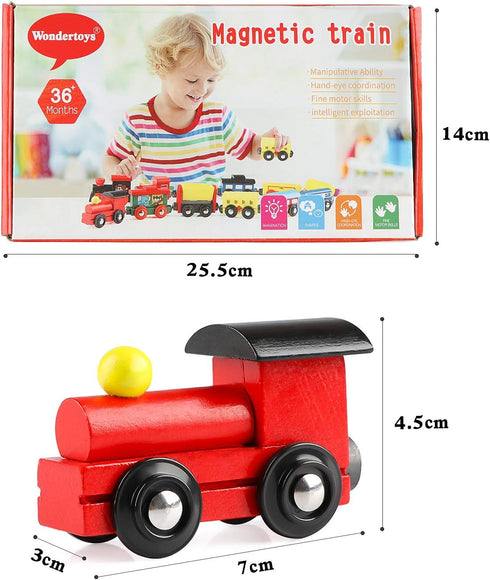 Wondertoys Wooden Train Cars - 12 PCS Magnetic Train Set with 3 Engines and Storage Bag for Toddlers