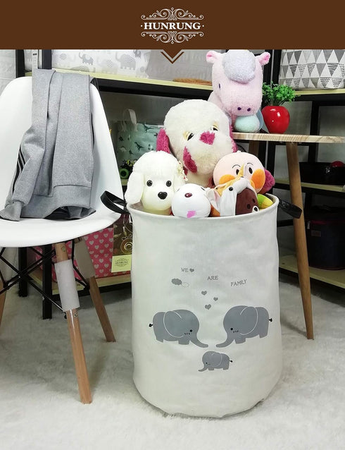 HUNRUNG Large Canvas Laundry Hamper, Lightweight Storage Basket for Dirty Clothes, Collapsible, Round-Family Elephants