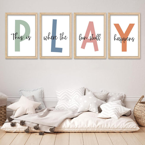 YWJKWLGS 16"x11" Set 4 This Is Where The Fun Stuff Happens Kids Playroom Wall Decor of Nursery Interesting Modren Wood
