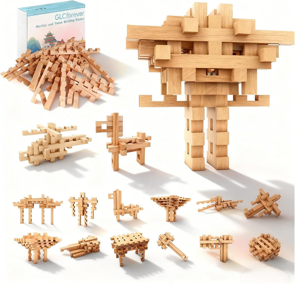 GLCforever 15 in 1 STEM Wooden Building Blocks -15+ Shapes, 3D Puzzle, Logic