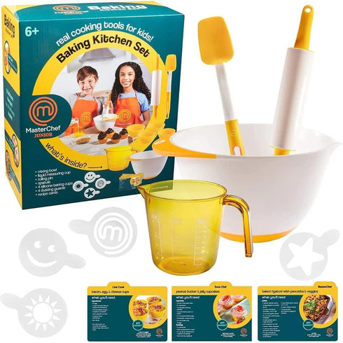 MasterChef Junior 7 Pc Baking Kitchen Set for Kids - Real Cooking Tools, Mixing Bowl, Rolling Pin, Recipes, Ages 6+