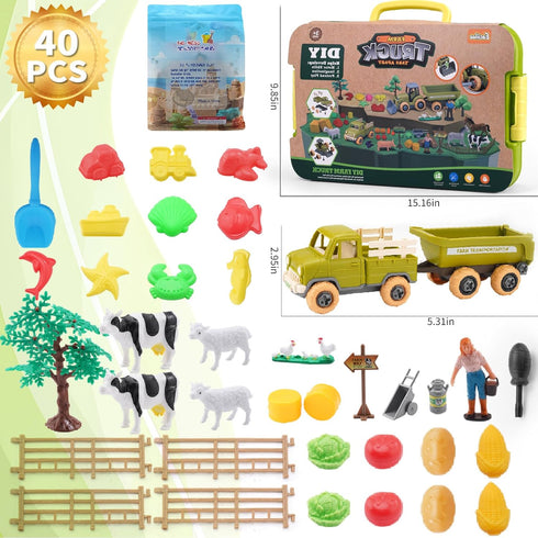 2.2lb Playset, 3 4 5 6 Eaciilee Play Sand Farm Toys, Farm Sensory Bins with Play Sand, Animal, Take Apart Truck Trailer