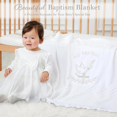 100% 39.4 39.4 Baptism Knit Baby Blanket with Minky Dot Lining, Cotton Christening Blanket x in, Embroidered Cross