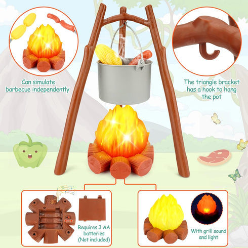Kids Camping Toys Set, Pretend Play Campfire and Cutting Food for Indoor Outdoor Camping