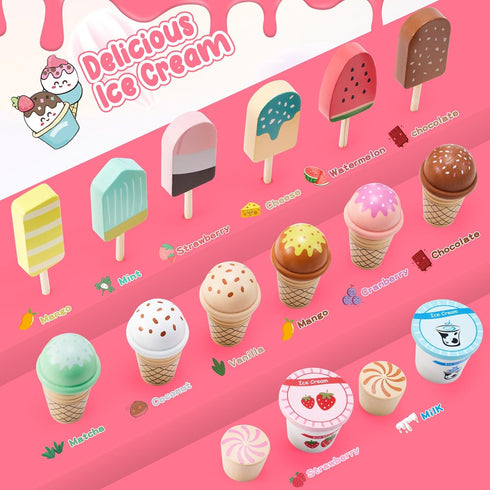Counter Playset 3+ WHOHOLL Wooden Ice Cream for Toddler Girl Toys, Play Store Pretend Toy Food Play Kitchen Accessories