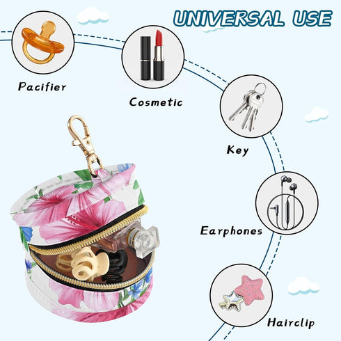 YETTASBIN Hibiscus Flowers Portable Pacifier Holder Case with Metal Hook Buckle & Zipper for Diaper Bag and Stroller