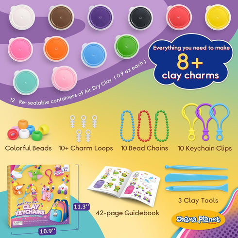 6 8+ Drama Planet Make Your Own Clay Keychains Air Dry Clay Craft Kit for Kids Ages and Up, Create Charms and Bag
