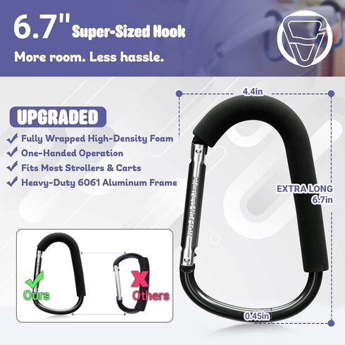6.7 Inch Mommy Backpack Set 2 sprookber Large Stroller Hooks for Diaper Bags & Purses, Heavy Duty Hooks for Shopping