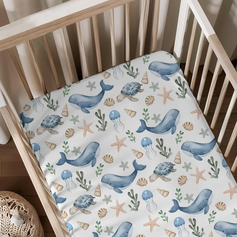 KuphiL10C Watercolor Ocean Whales Sea Turtle Starfish Seashells Pattern Baby Sheets for Crib,