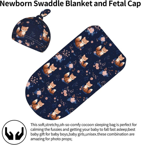 Nanyizly Set 0-6m Cute Foxes Flowers Newborns Beanie Swaddle Blanket Baby Receiving Blankets for Infant Boy Girl