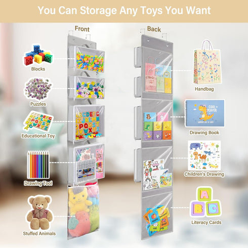 4 Closet Woodoulogy Hanging Toy Storage over Door, Block Stuffed Animal Organizer Idea with Removable Case Bag, Bi-Fold