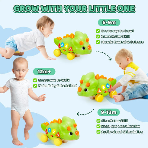 1 6-12 12-18 1-2 BainGesk Dinosaur Crawling Toys for Year Old Boy, Musical Baby Toys for Months, Early Development