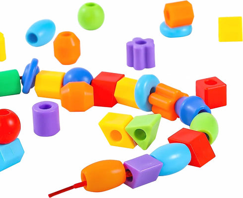 Plastic Lacing Beads for Kids (70 pcs) - Fun Shapes, Long String, Brilliant Colors, Educational Fine Motor Toys