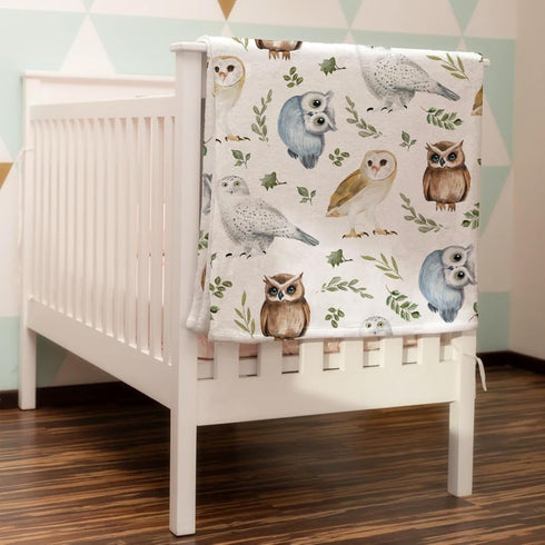 Watercolor Owls Baby Blanket for Girl & Boy, Soft Swaddle Blanket, 30x40, Boho Leaves