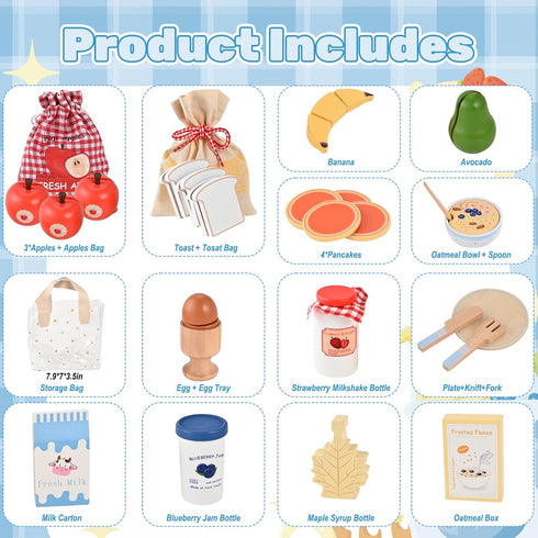 Set, 3+ Wooden Play Food Wooden Food for Play Kitchen, Wood Food Toys with Storage Bag, Play Kitchen Accessories, Gift