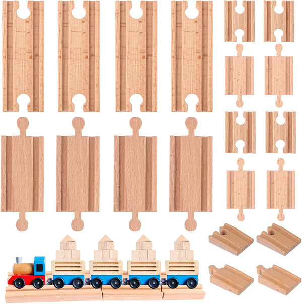 Warmshine 20 Pcs Straight Wooden Tracks Expansion Wood Train Track Pieces Connectors Adapters