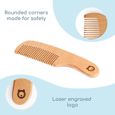 Set Wooden Hair Brush - Premium Baby Comb and Brush - Soft Natural Bristles - Organic Products - Perfect Registry Gift