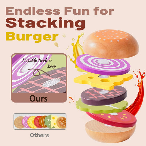 Set Wooden Play Food for Kids Pretend Hamburger Fast Food Toy Play Kitchen Accessories for Toddlers Toy Food Gift