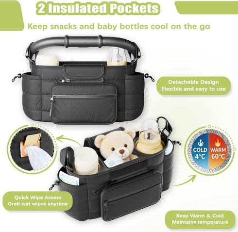 Seeseven Stroller Organizer Caddy with Insulated Cup Holder & Detachable Phone Purse, Lightweight Universal Stroller