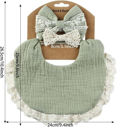 Muslin Baby Bibs Drool Teething Bibs Headband Set Drool Cloths Bibs 4-Layer Organic Cotton Lace Waterproof for Girls