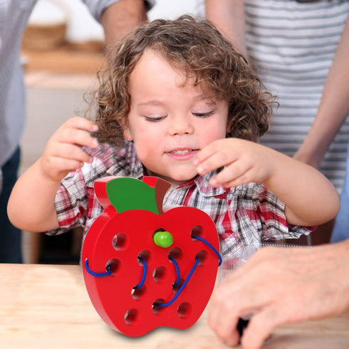 JCREN Wooden Lacing Apple Threading Toys - Wood Lace Block Puzzle Shape Travel Game for 3-5 Years Old Kids