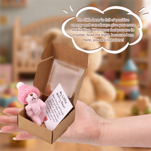 TOYMIS Worry Bear in Box with a Hat, Handmade Positive Mini Plush Bear with Encouragement Card Inspirational Support