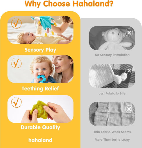 0-3-6-12 Set hahaland Baby Lovey Security Blanket, Plush Hanging Sensory Toy with Teether, Rattle & Crinkle for Infant