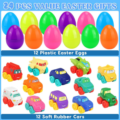 12Pcs Prefilled Easter Eggs with Toy Cars: Filled Easter Eggs with Soft Rubber Car Toys, Easter Basket Stuffers