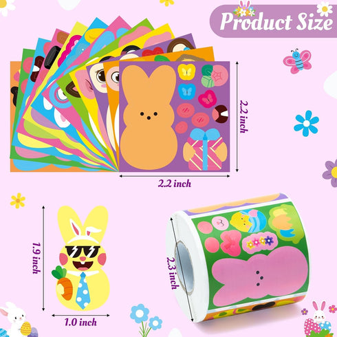 600Pcs Haooryx Bunny Egg Sticker Rolls - Easter Rabbit Animal Egg Make A Face Stickers Cute Make Your Own Self Adheisve