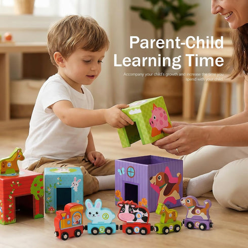 6 Set 18M-6Y, Counting Atoylink Stacking Blocks Nesting Toys with Magnetic Animal Train, Farm Cubes Number Learning