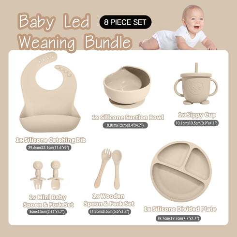 8 Set, 6+ Baby Led Weaning Supplies, Piece BPA-Free Silicone Feeding Silicone Suction Bowl, Forks & Spoons, Bib & Cup