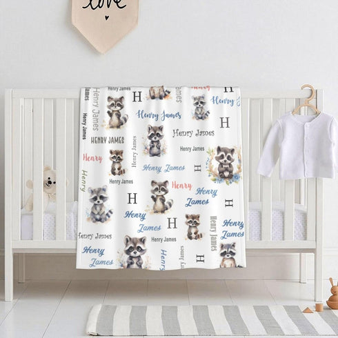 Novusopt Personalized Raccoon Baby Blanket - Custom Name Receiving Blanket for Boys, Newborn Soft Nursery Blankets