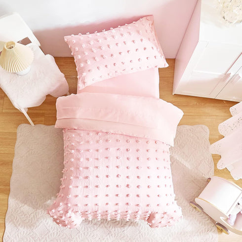 4 Set Pieces Tufted Dots Toddler Bedding Solid Pink Jacquard Pom Pom Tufts, Soft and Embroidery Shabby Chic Boho Design