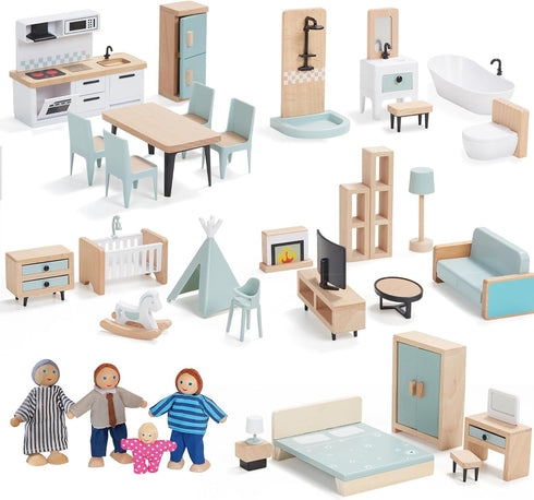 36pcs Wooden Dollhouse Furniture Set with 4 Family Dolls - Blue Dollhouse Accessories for Pretend Play Toys