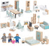 36pcs Wooden Dollhouse Furniture Set with 4 Family Dolls - Blue Dollhouse Accessories for Pretend Play Toys