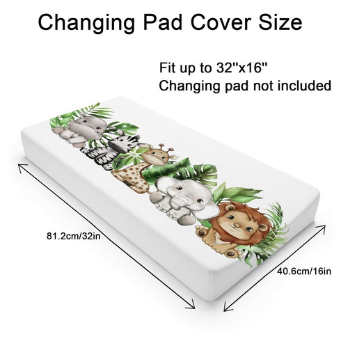Cute Tropical Jungle Safari Animals Leaves Changing Pad Covers Lion Elephant Giraffe Zebra Hippo Baby Change Table Pad Cover for Boys Girls Soft Stretchy Changing Mat Sheets 32''x16''