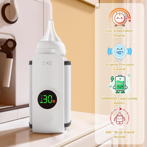 Generic 6-Speed Control(37C 55C 98F 131F), 6000mAh 360 Portable Bottle Warmer with Live Display, Temp to / to Battery