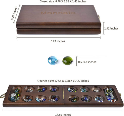 AMEROUS Wooden Mancala Board Game Set with 72+8 Bonus Multi Color Glass Stones - Classic Family Game