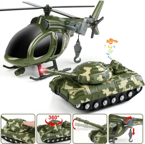 27" 3 4 5 6 Dwi Dowellin Large Friction Powered Military Truck Car Toy with Helicopters and Tank,Army Semi Truck Toys